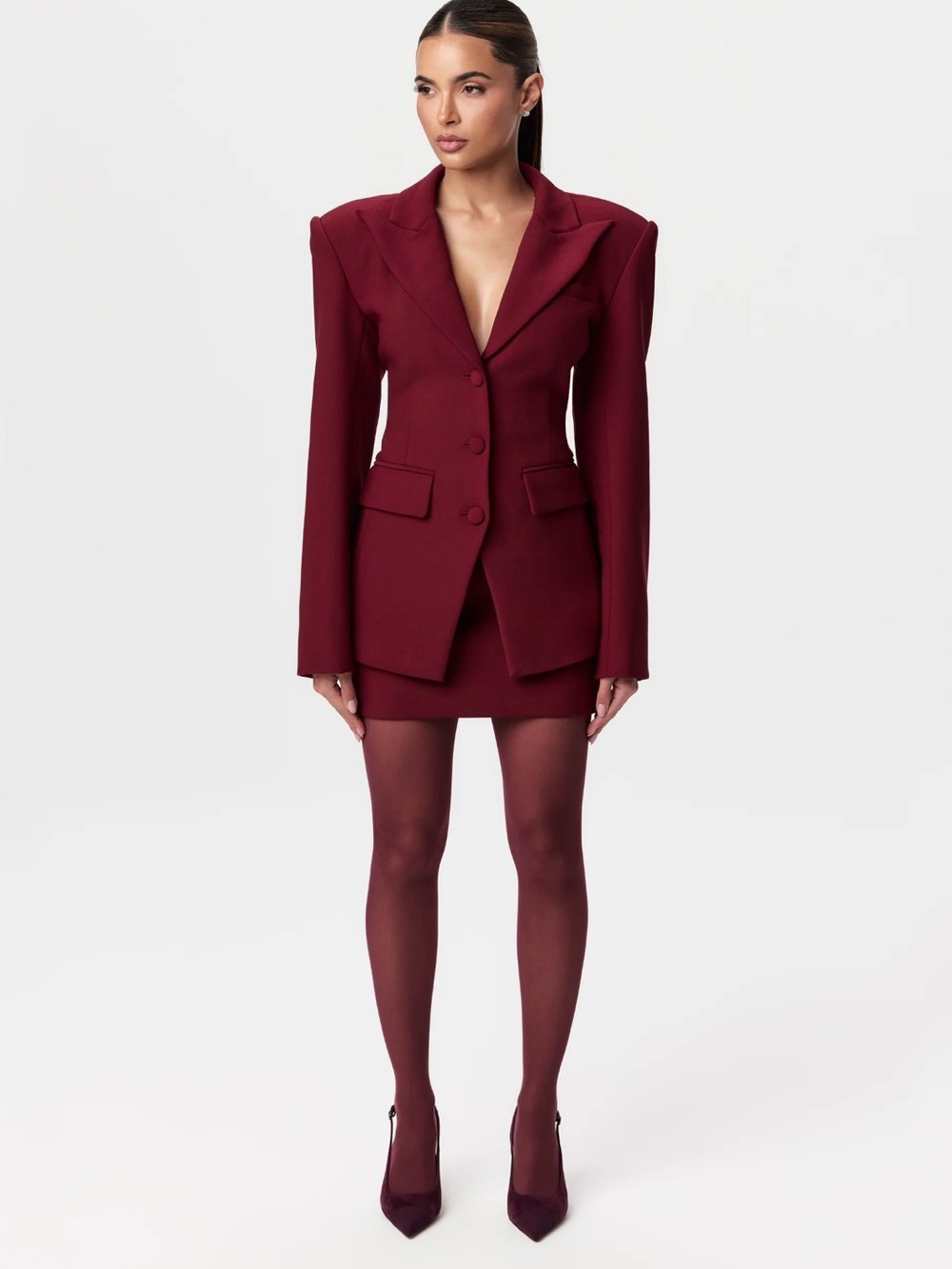Naked Wardrobe Burgundy Blazer & Lace Jumpsuit Set - Picture 3 of 4